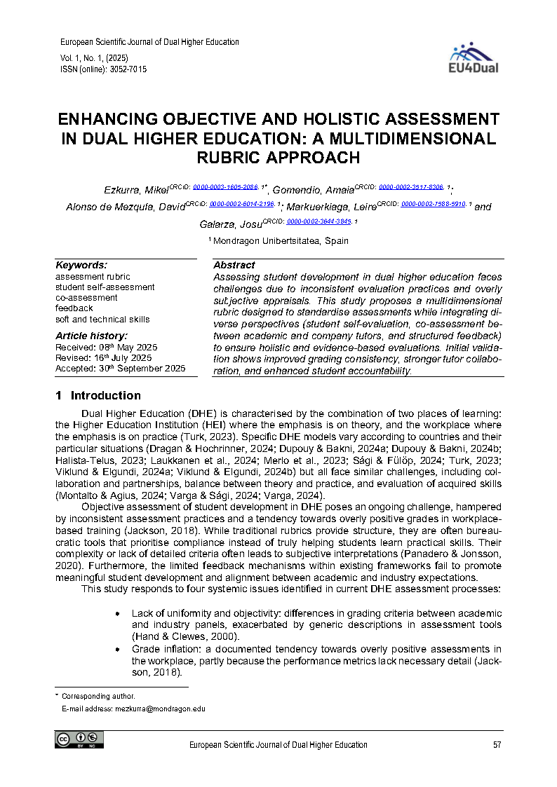 Cover image of the article "Enhanciung Objective and Holistic Assessment in Dual Higher Education: A Multidimensional Rubric Approach"