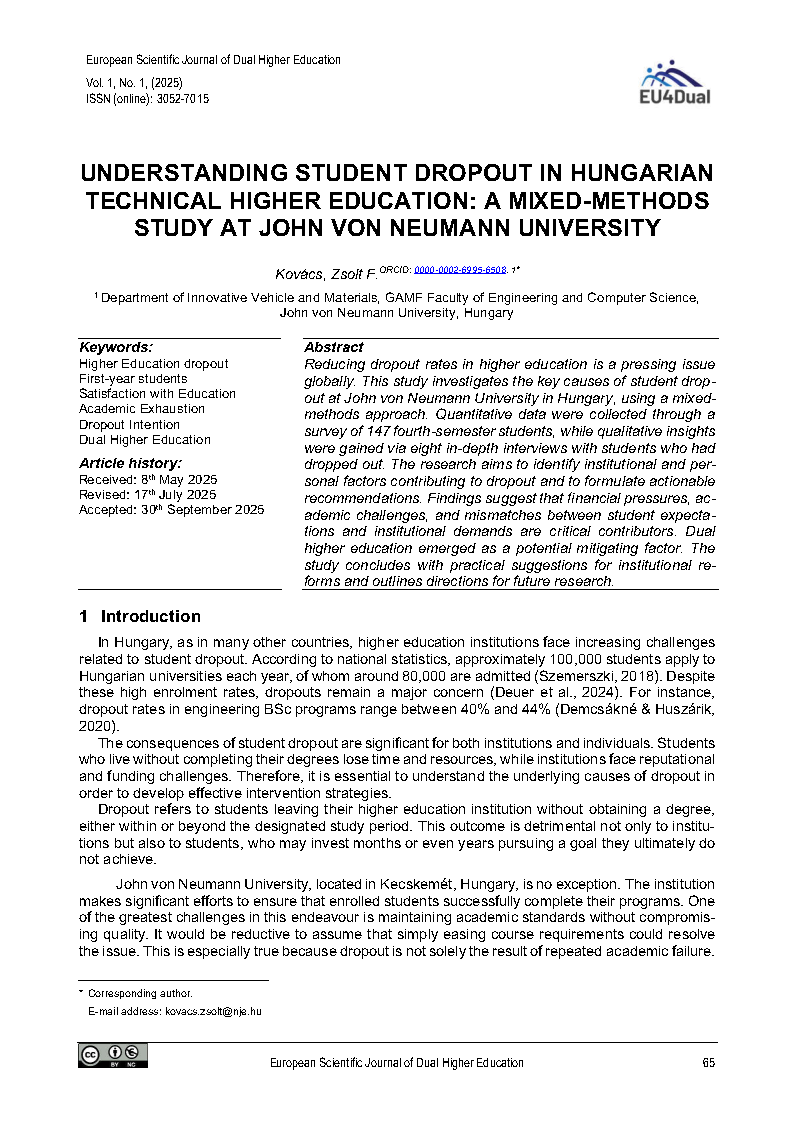 Cover image of the article "Understanding Student Dropout in Hungarian Technical Higher Education: A mixed-methods Study at John von Neumann University"