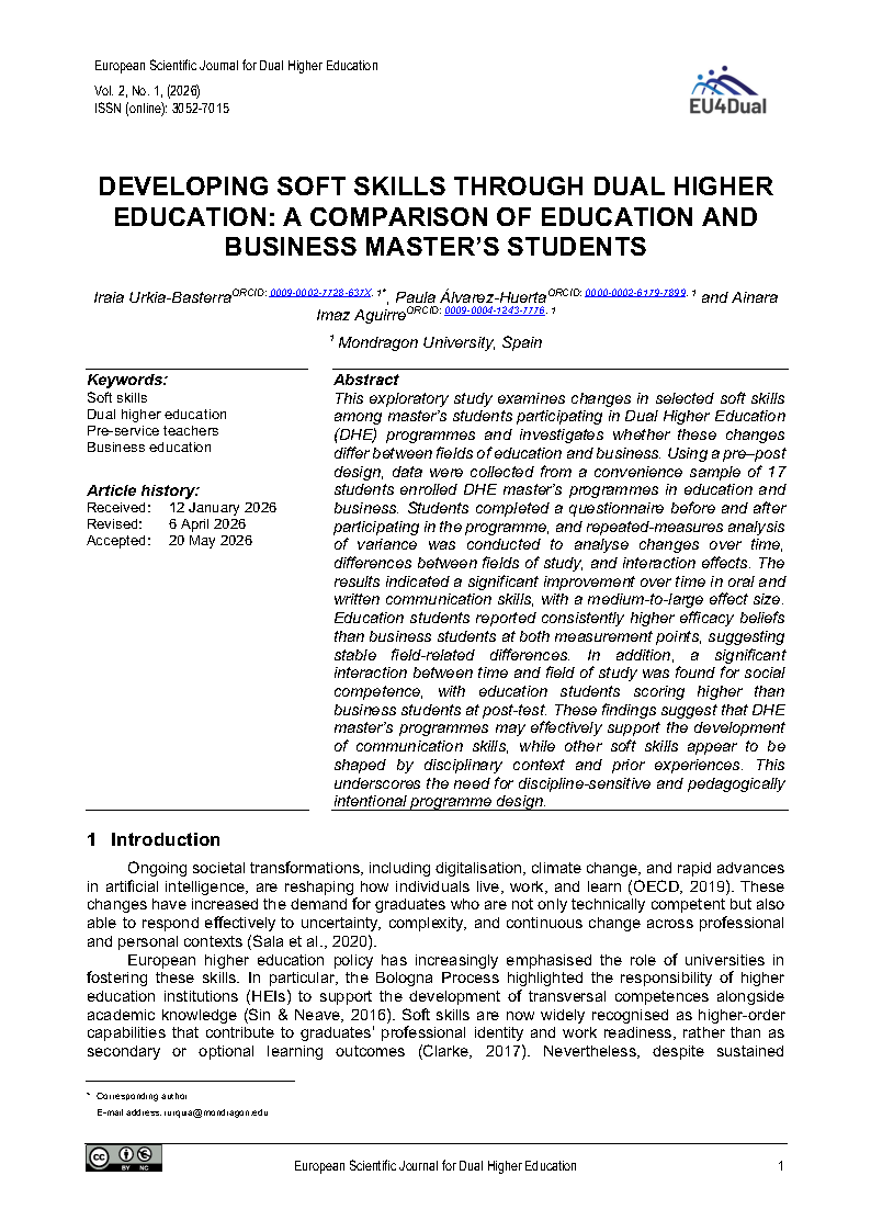 Cover image of the article "Developing Soft Skills Through Dual Higher Education: A Comparison of Education and Business Master's Students"