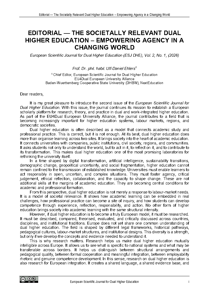 Cover image of the editorial "Editorial - The Societally Relevant Dual Higher Education - Empowering Agency in a Changing World"